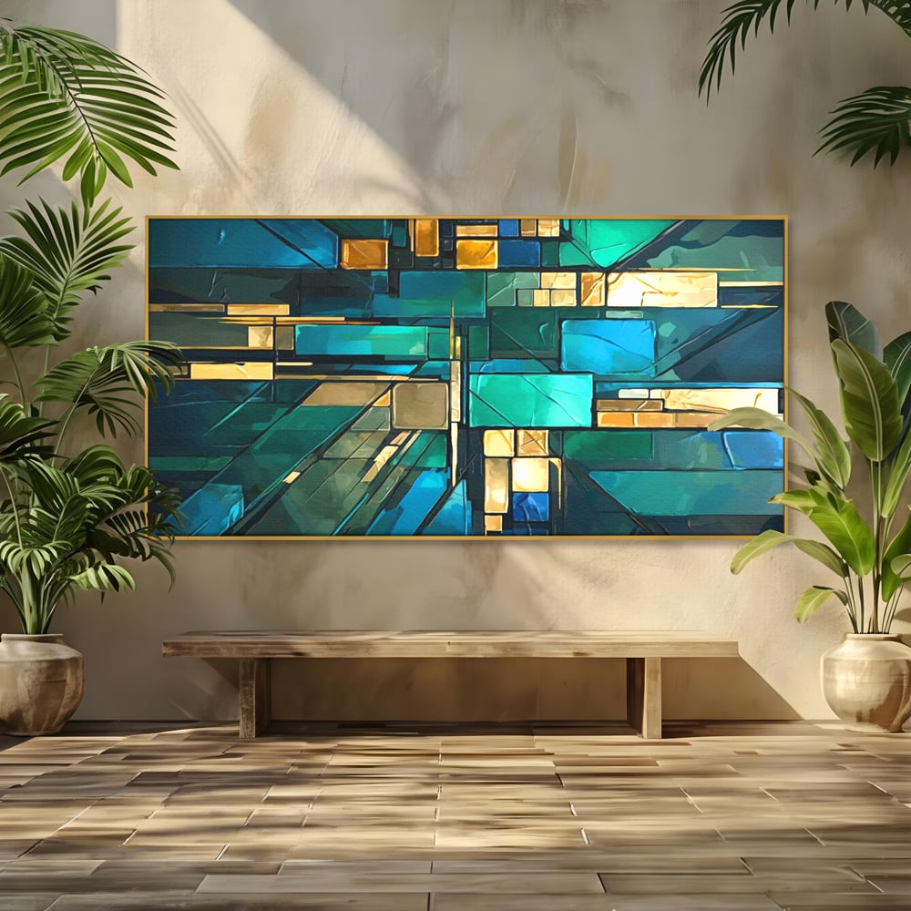 Tablou canvas cu tablou abstract geometric in nuante de albastru, in rama de aluminiu auriu